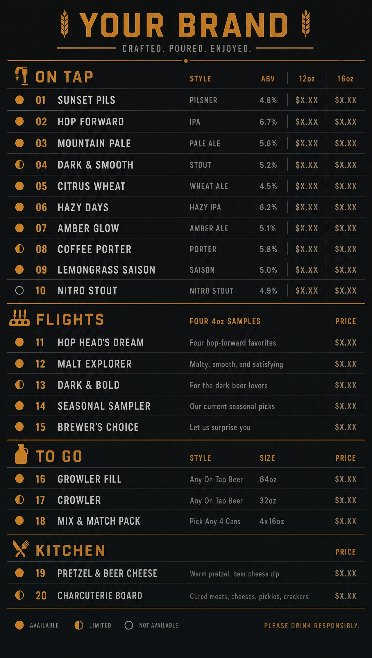 Beer tap list, vertical panel with per-line status.