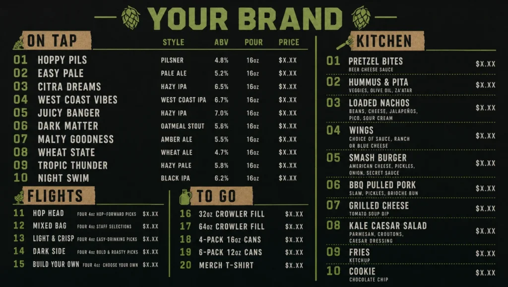 Taproom menu template, full design view.