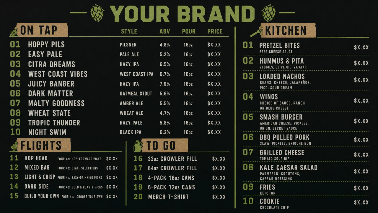 Taproom menu template, full design view.