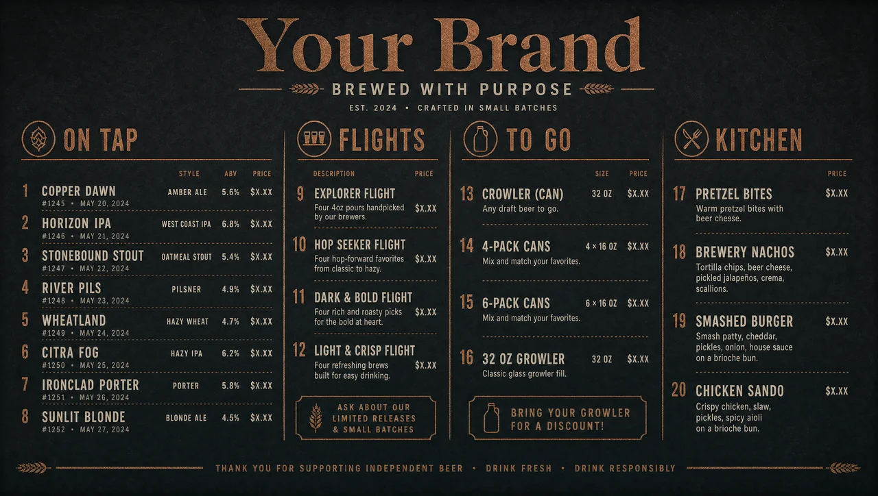 Brewery taproom menu with batch numbers and release dates.