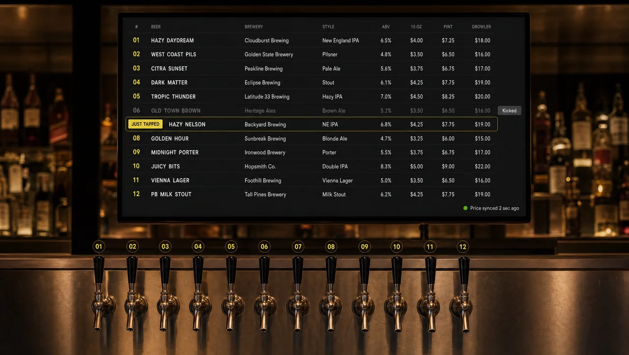 Digital beer menu board above the taps in a pub