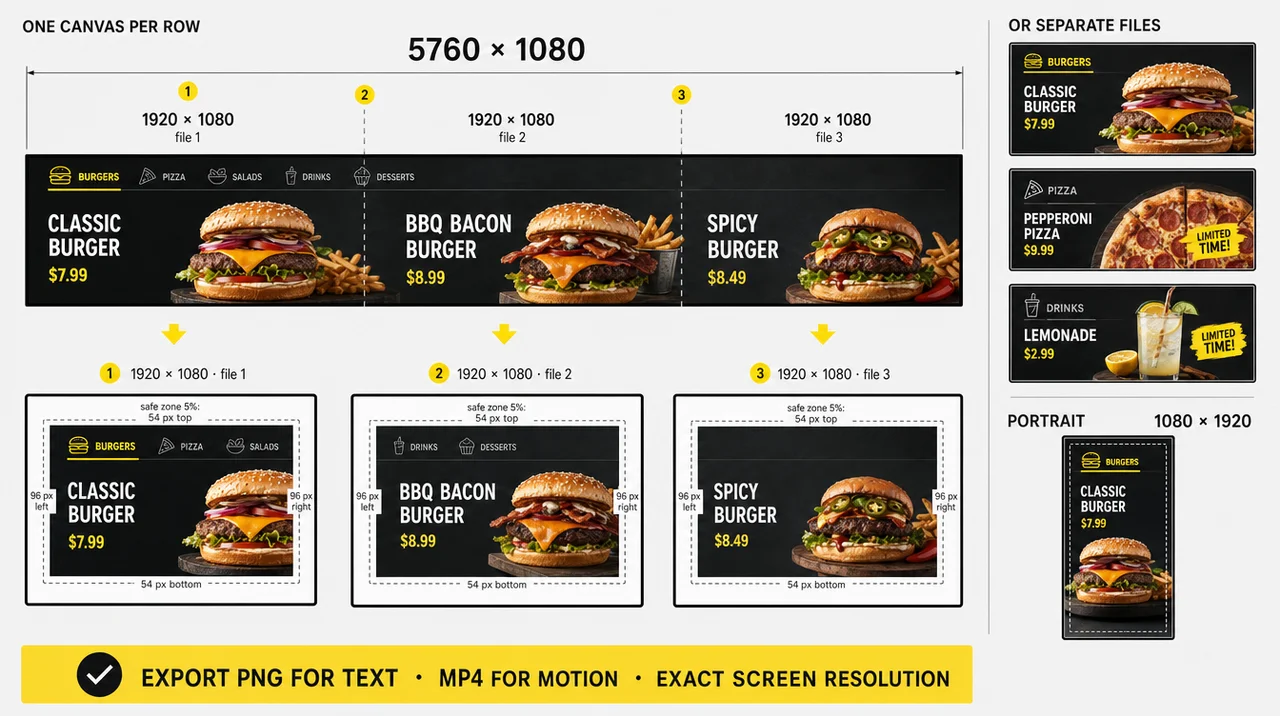 Digital menu board resolution for a row of three: one 5760×1080 canvas split into three 1920×1080 files with a 5% safe zone.