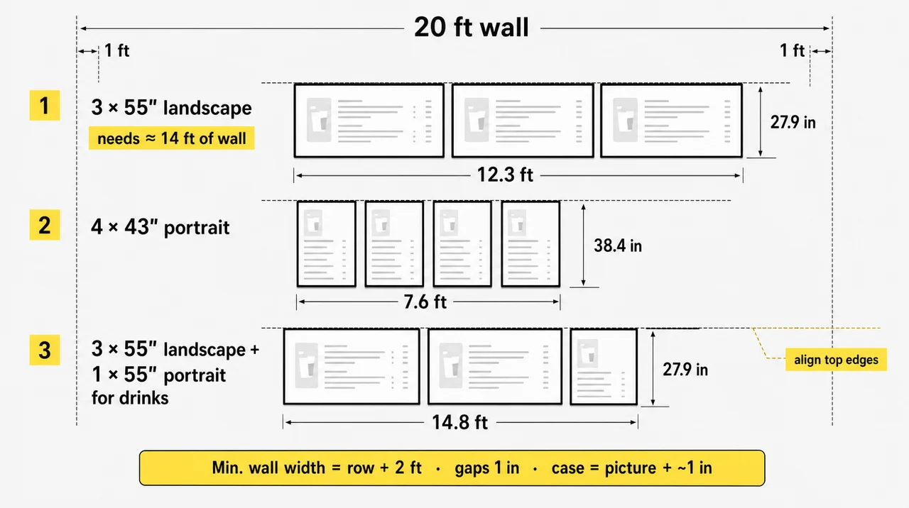 Digital menu board size for a 20-foot wall: three 55-inch screens span 12.3 feet, four 43-inch portrait screens 7.6 feet, three plus one portrait 14.8 feet.