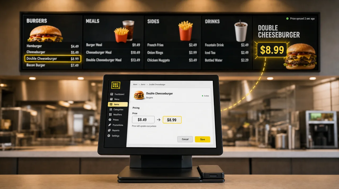 Menu board next to a POS terminal where a changed drink price appears on the screen