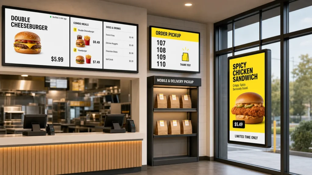 Digital signage in restaurants: a menu board, a pickup screen and a window promo display running on one platform.