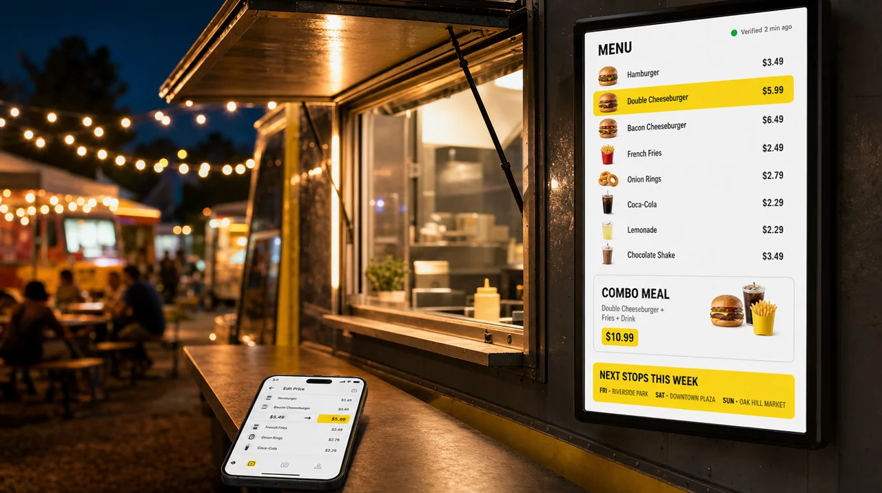 Food truck digital menu board beside the service window at an evening festival