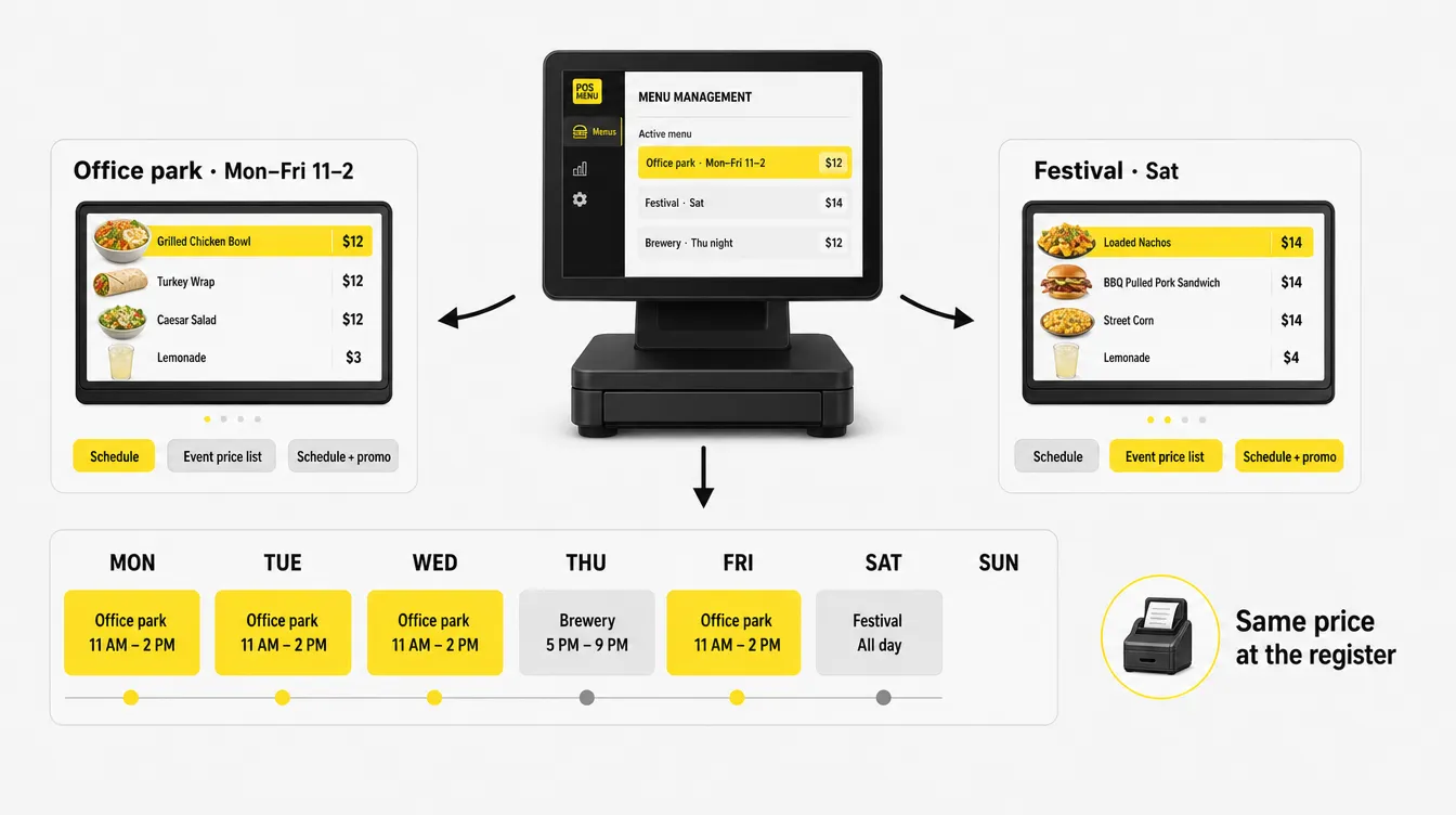 Food truck digital menu switching price lists by stop: office park lunch, festival event prices and a brewery late-night menu.