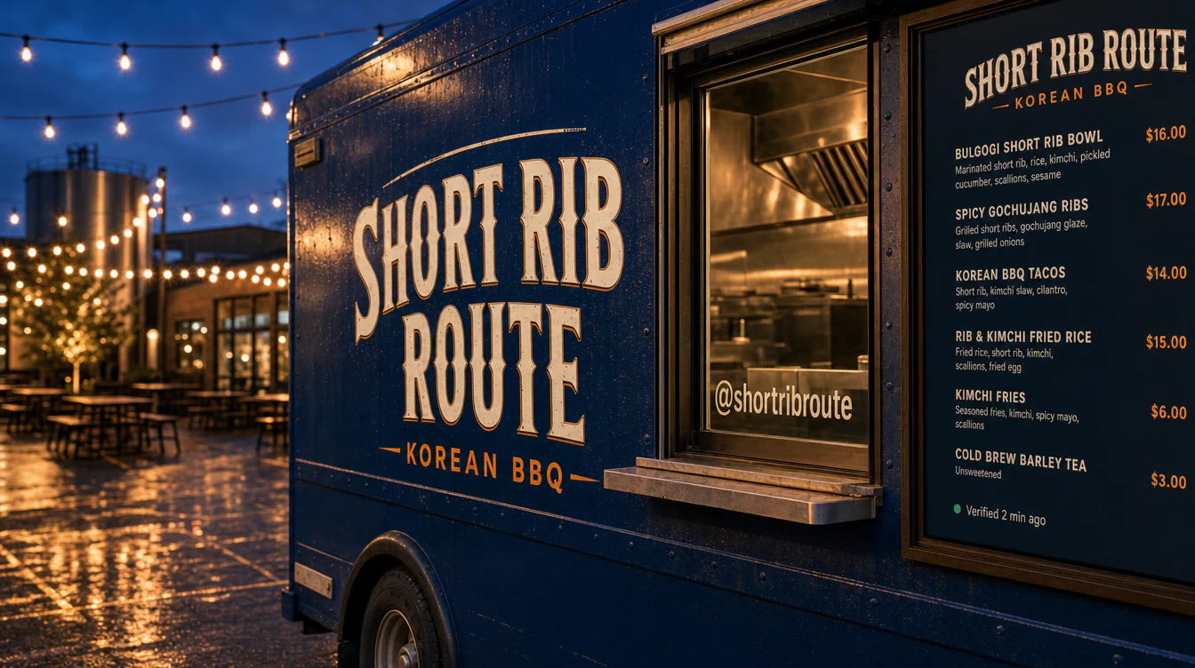 Food truck names in practice: a truck named Short Rib Route with a Korean BBQ subtitle on its side panel and the same name on the menu board at the window.