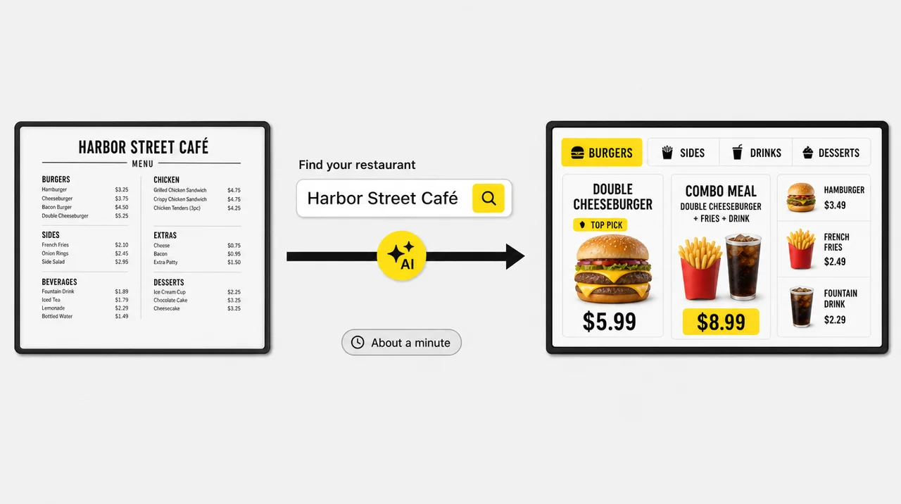 AI menu generator turning a restaurant's current menu and prices into a new menu board