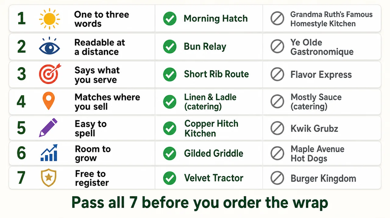 Good food truck names checklist: 7 rules with strong and weak examples, from one to three words to free to register.