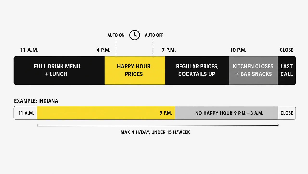 Happy hour menu board schedule switching drink prices from 4 to 7 p.m. and the food panel at kitchen close.