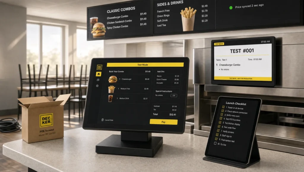 How do I implement QSR POS in my business, a new POS terminal in test mode, a kitchen display and a synced menu board at a quick service counter before opening.