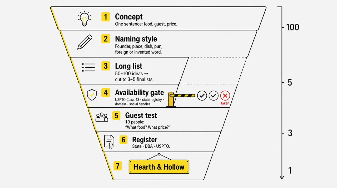 How to name a restaurant in 7 steps: from 50 to 100 restaurant name ideas to 3 to 5 finalists, an availability check, a guest test and registration.