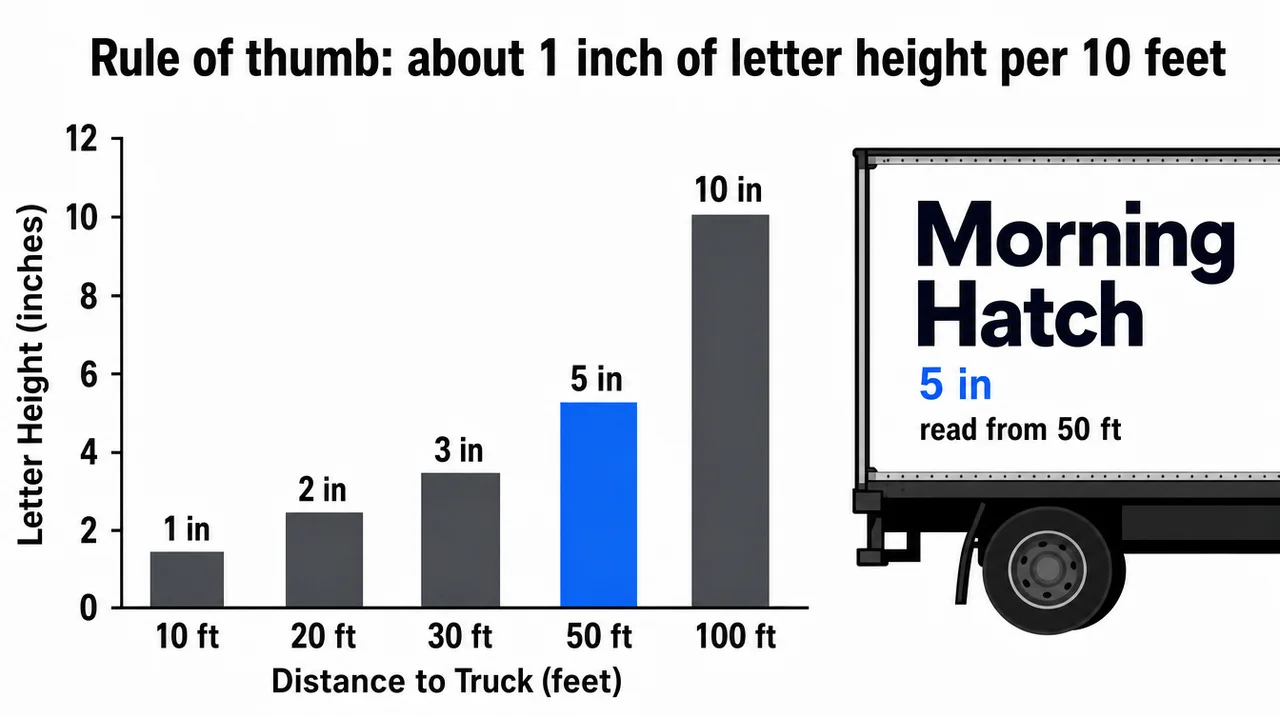 How to name your food truck: letter height for the name on the truck side at 10 to 100 feet, about 1 inch per 10 feet of distance.