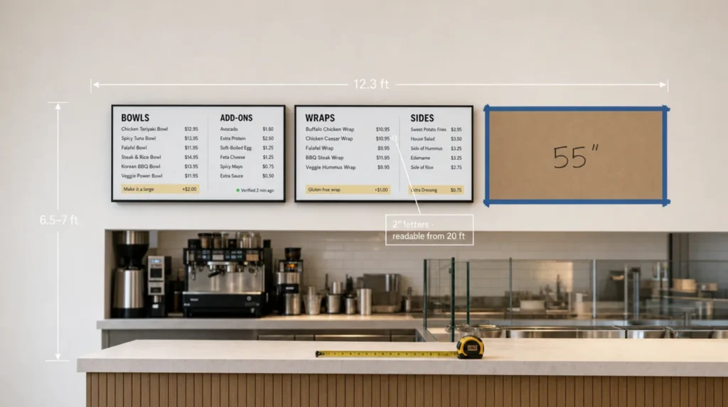 Menu board size measured on a café wall: two 55-inch screens hung, a third marked with painter's tape, 12.3-foot row and 6.5–7-foot mounting height.