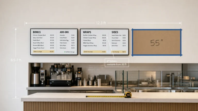 Menu board size measured on a café wall: two 55-inch screens hung, a third marked with painter's tape, 12.3-foot row and 6.5–7-foot mounting height.