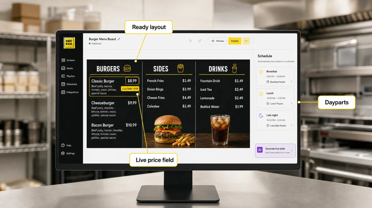 Menu board software editor with a ready burger layout, a live POS price field and a daypart schedule panel