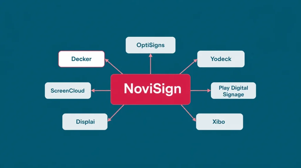 NoviSign alternatives: NoviSign in the center with arrows to Decker, OptiSigns, Yodeck, ScreenCloud, Play Digital Signage, Displai and Xibo.