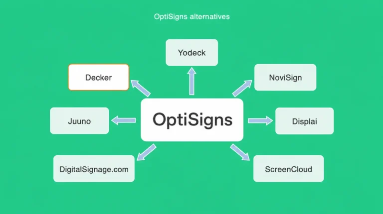 OptiSigns alternatives in 2026: OptiSigns in the center with arrows to Decker, Yodeck, NoviSign, Displai, Juuno, DigitalSignage.com and ScreenCloud.