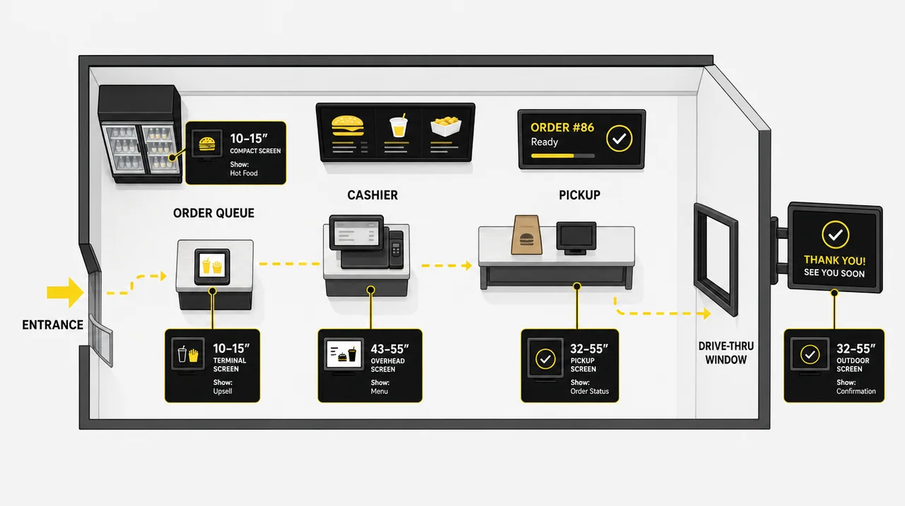 Point-of-sale digital signage placement: screen sizes at the terminal, pickup, counter, drive-thru and c-store cooler.