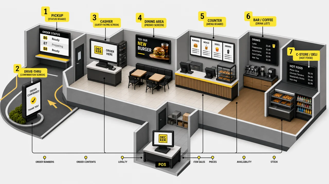POS digital signage in restaurants: seven screens and the POS data each one receives.