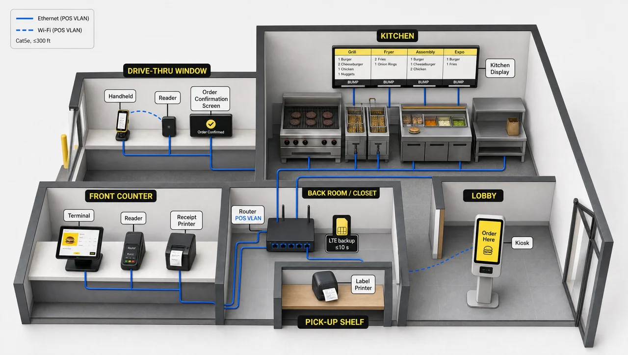 POS hardware for restaurant stations in a QSR, counter, drive-thru, kitchen and kiosk devices wired to a separate POS network with LTE backup.