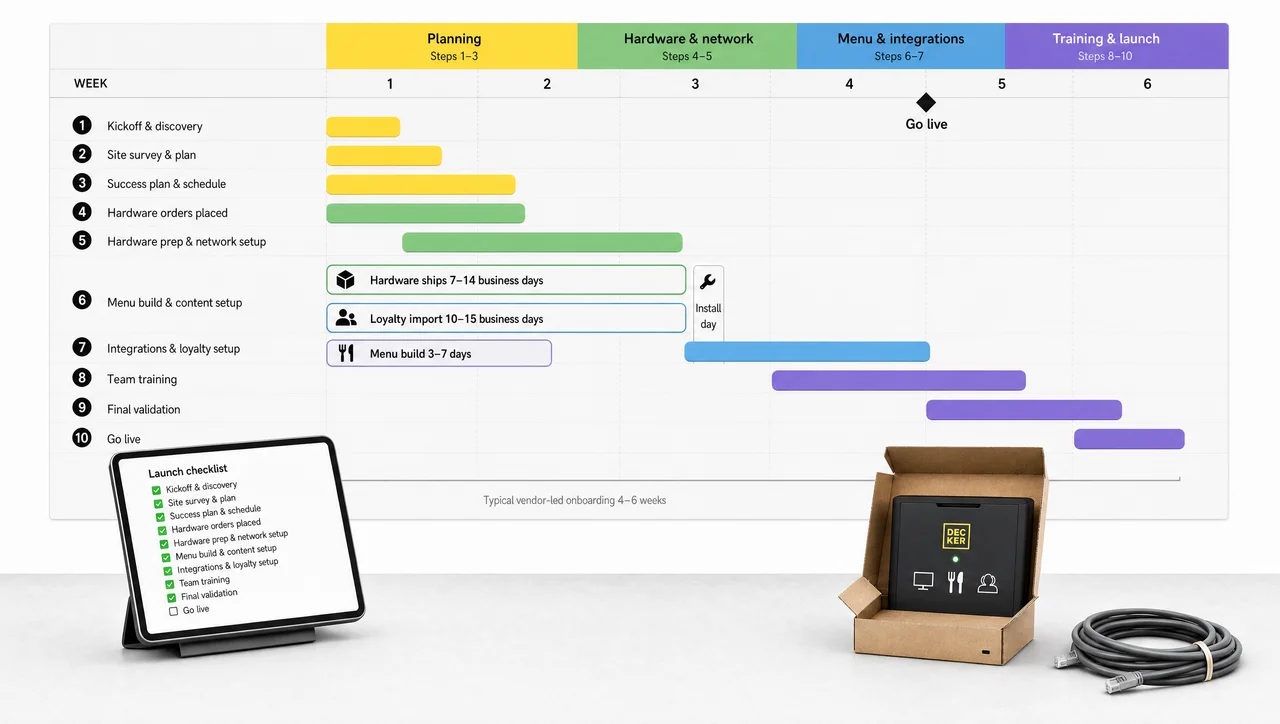 QSR infrastructure POS implementation times by phase, with hardware shipping, loyalty import and menu build running in parallel before go-live.