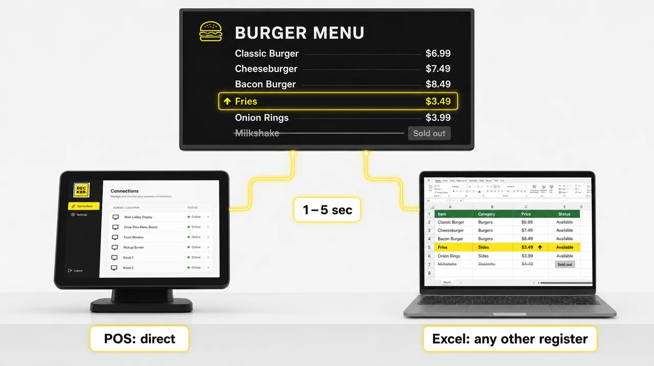 Restaurant digital menu software pulling prices from a POS terminal and an Excel sheet into one menu board