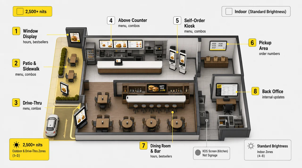 How restaurants can use digital signage: 8 zones, from restaurant window digital signage and the drive-thru to indoor screens.