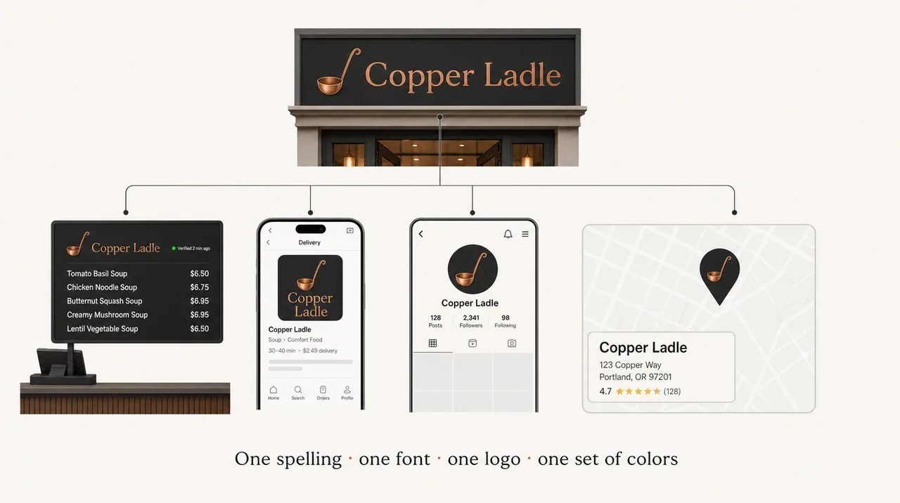 One restaurant name on a storefront sign, a menu board, a delivery app tile, a social media avatar and a map listing, using the same logo and colors.