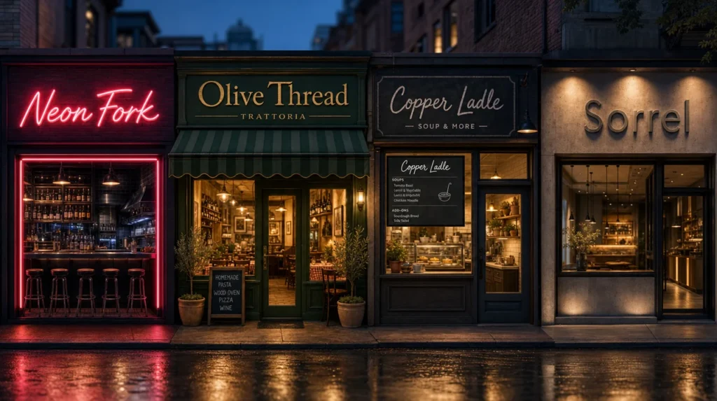 Restaurant street at dusk with four storefronts showing different restaurant names on their signs: Neon Fork, Olive Thread, Copper Ladle and Sorrel.