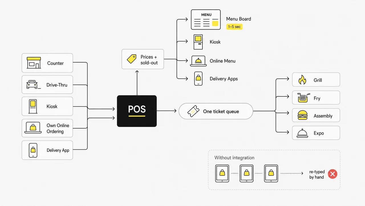 Restaurant POS integrations merging counter, drive-thru, kiosk, online ordering and third-party delivery orders into one ticket queue for the kitchen.