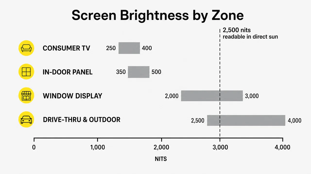 Brightness of digital signs for restaurants by zone: consumer TV 250–400 nits, indoor 350–500, window 2,000–3,000, drive-thru 2,500–4,000.