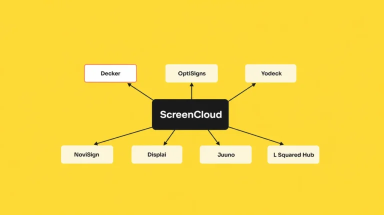 ScreenCloud alternatives: ScreenCloud in the center with arrows to Decker, OptiSigns, Yodeck, NoviSign, Displai, Juuno and L Squared Hub.