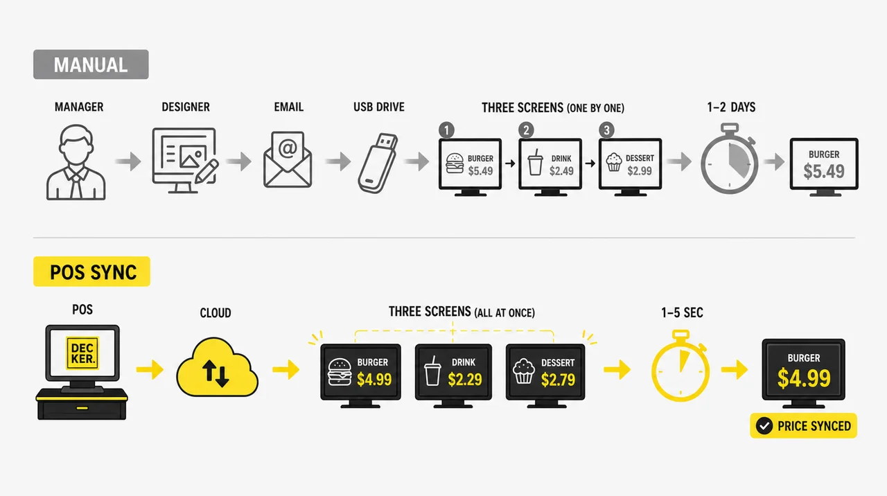 Sync prices to menu boards from the POS in 1 to 5 seconds instead of a 1 to 2 day manual update.
