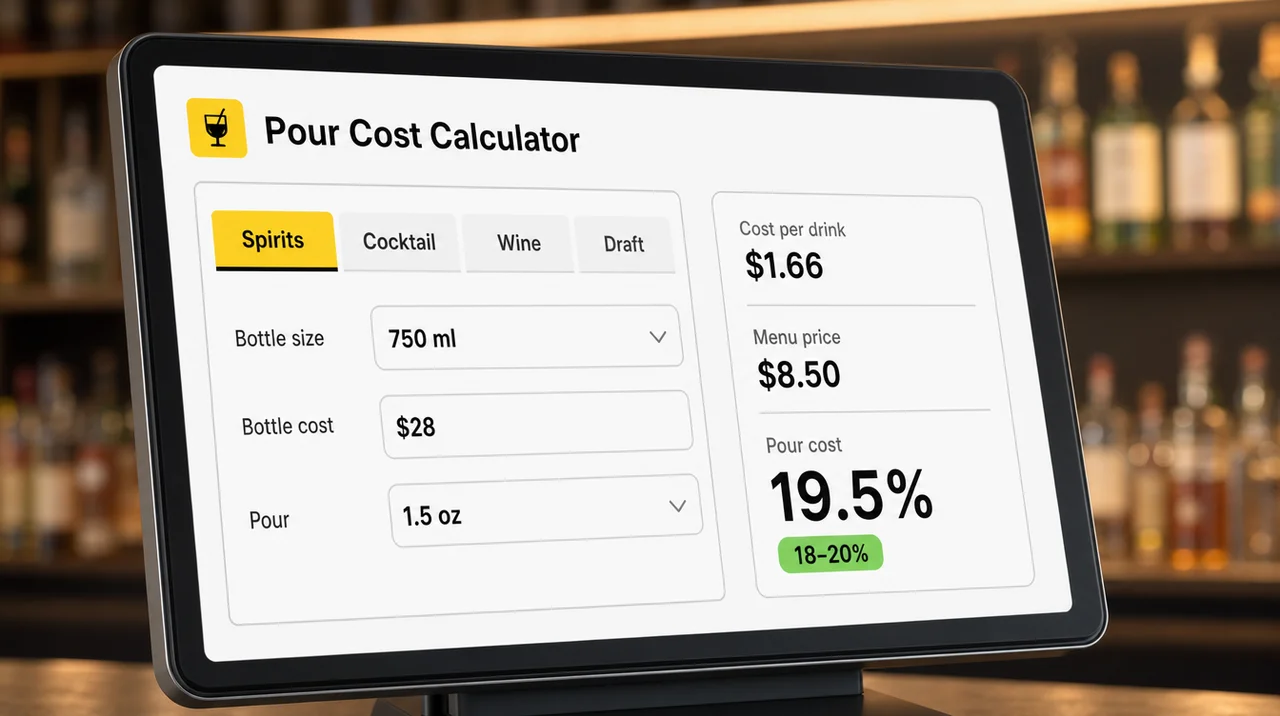 Pour cost calculator with bottle size, pour, cost per drink, and menu price