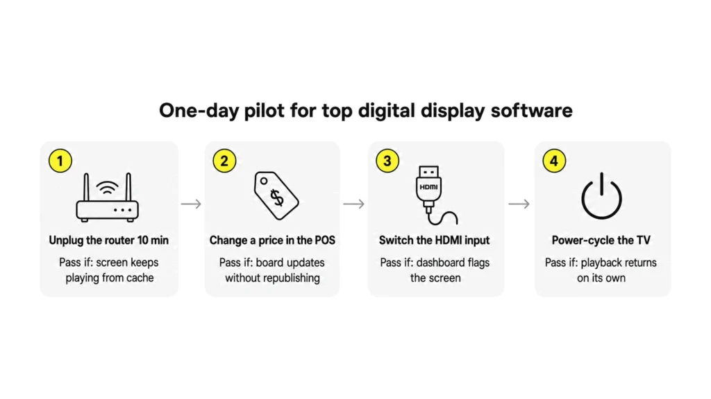 Top digital display software pilot test: unplug the router, change a POS price, switch the HDMI input and power-cycle the TV to check offline playback, live prices and screen alerts.