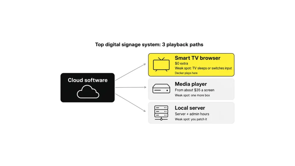 How to choose a top digital signage system: cloud software that plays in a smart TV browser, on a media player or from a local server, with the extra cost and weak spot of each.