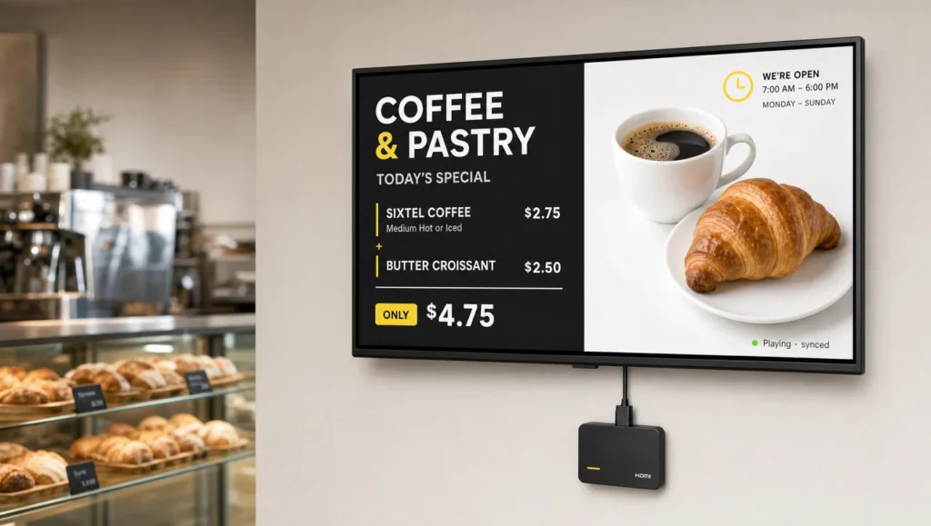 Turn TV into digital signage: a café TV with a small player in its HDMI port showing a promo and opening hours.