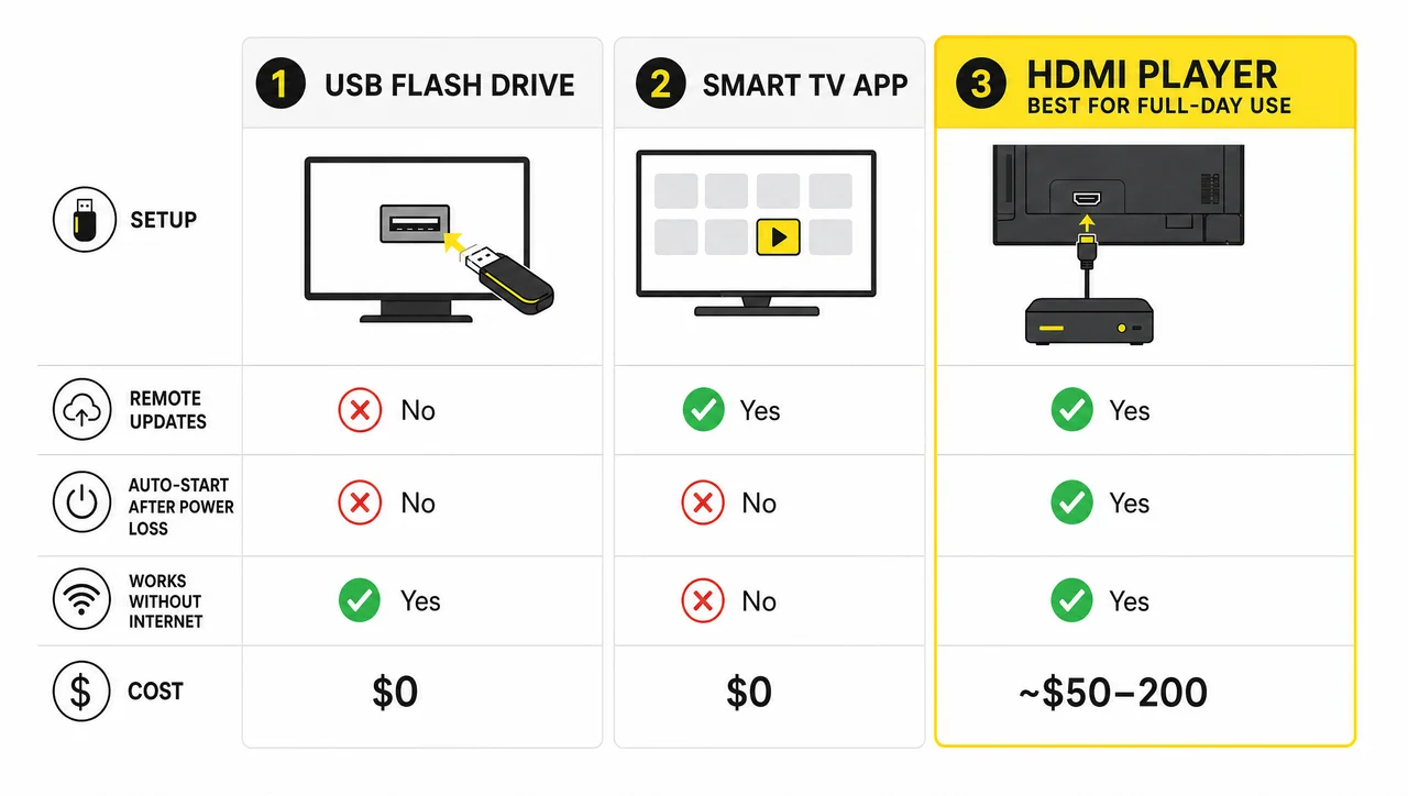 How to use a TV for digital signage: USB stick, smart TV app, and external player compared.