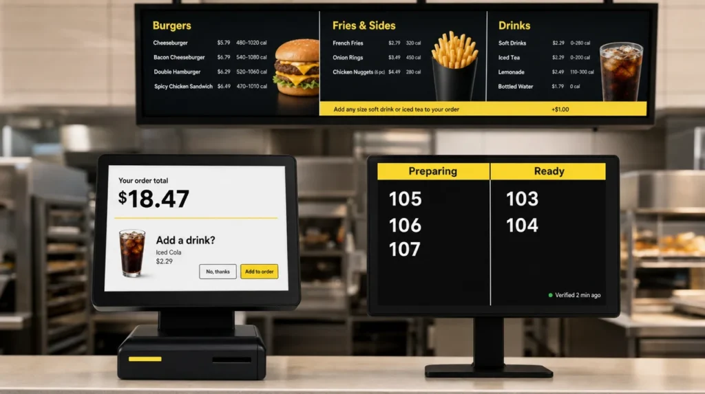 What is a POS digital signage setup: a QSR counter with a terminal display, an order status board and a menu screen fed by the POS.