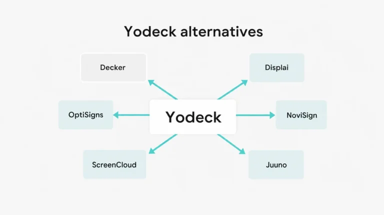 Yodeck alternatives: Yodeck in the center with arrows to Decker, OptiSigns, ScreenCloud, Displai, NoviSign and Juuno.