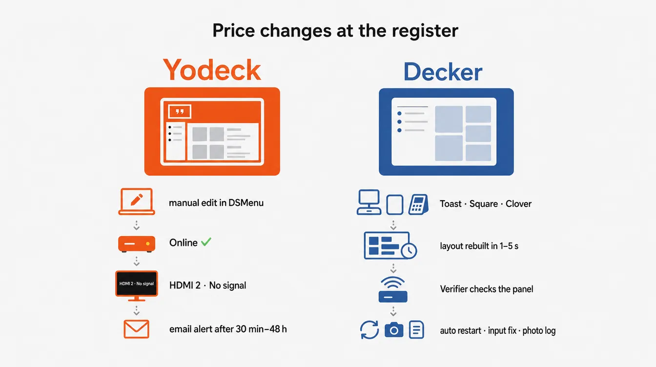 Yodeck vs Decker as a Yodeck alternative: Yodeck has no Toast POS integration and watches the player; Decker syncs prices from the POS in 1–5 seconds and checks the panel.